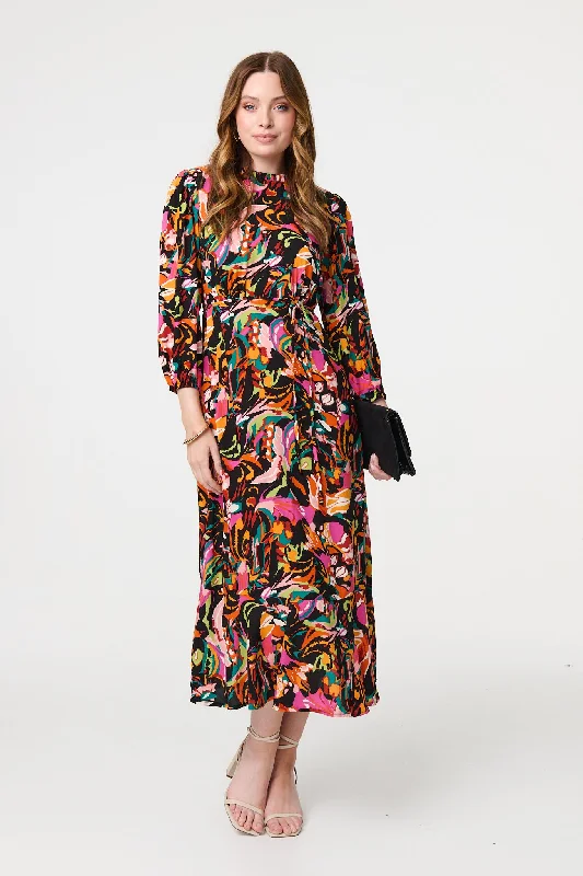 Printed High Neck Long Sleeve Midi Dress