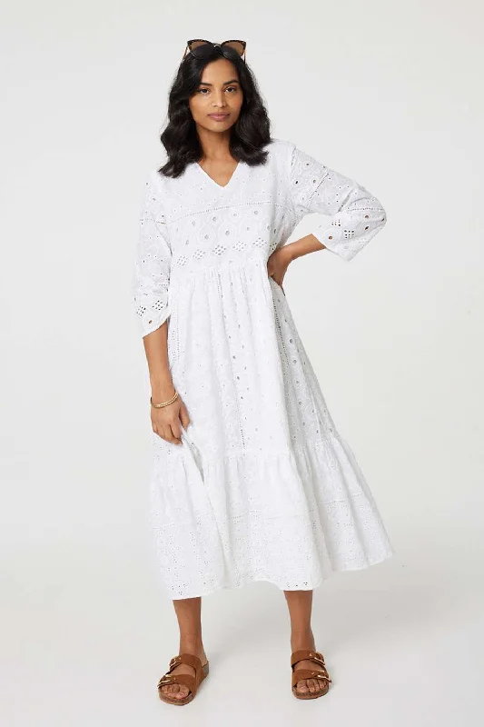 Broderie Anglaise 3/4 Sleeve Midi Dress