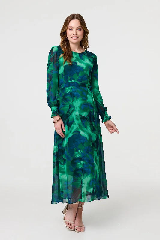 Printed Long Sleeve Chiffon Midi Dress