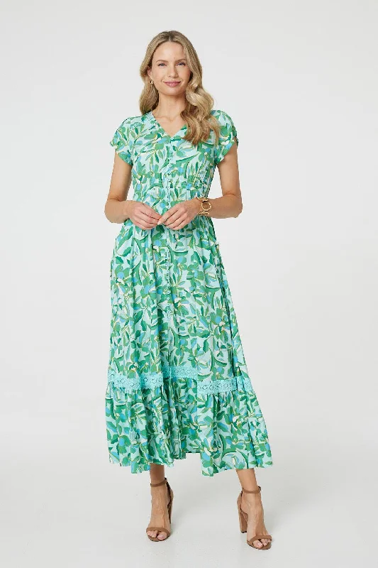 Leaf Print Lace Trim Maxi Dress