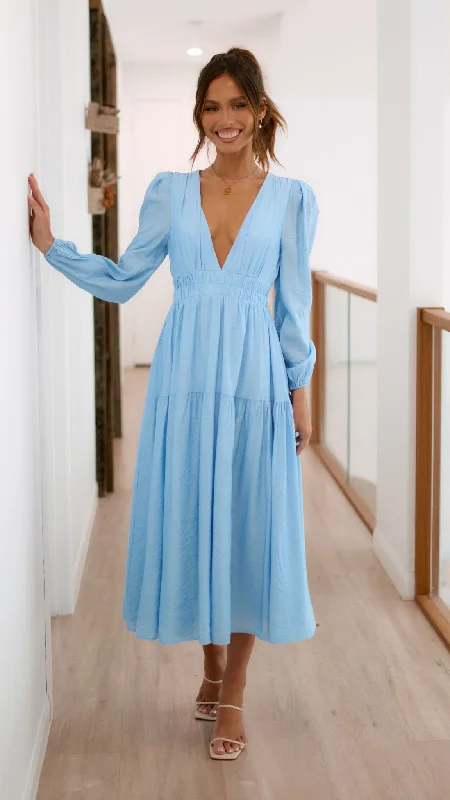 Erin Long Sleeve Midi Dress - Blue