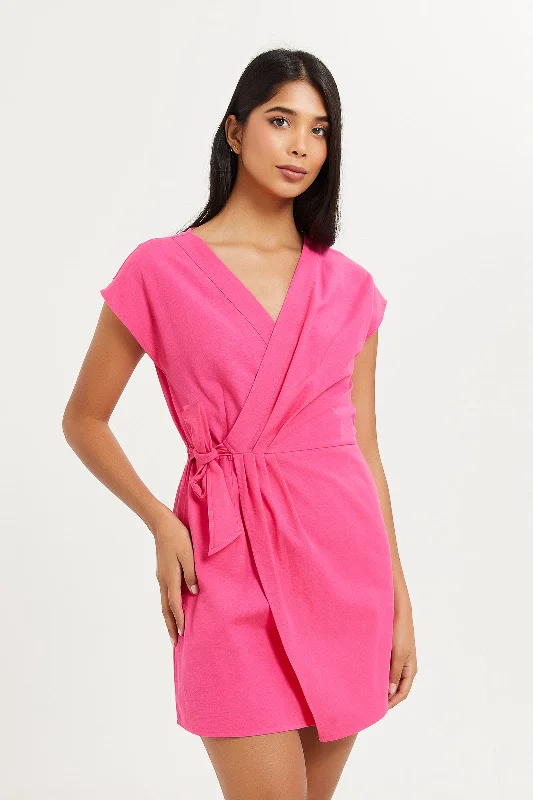 Women Fuchsia Short Linen Dress