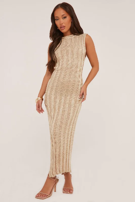 Gold Metallic Knit Twist Back Maxi Dress - Annrose