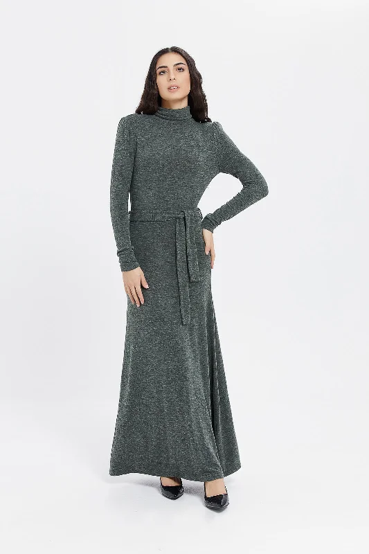 Women Grey Turtle Neck Belted Maxi Dress