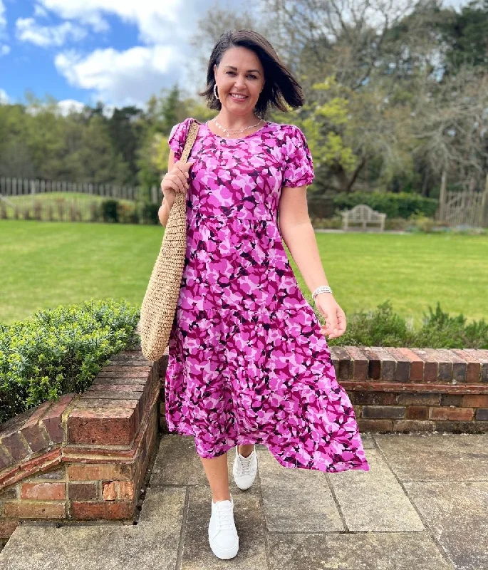 Pink Floral Stretch Midi Dress