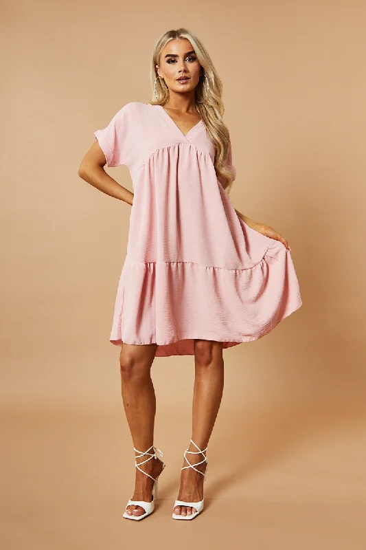 Pink V-Neck Tiered Frill Mini Dress - Kate