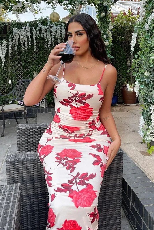 Red Floral Print Bodycon Maxi Dress - Sasha