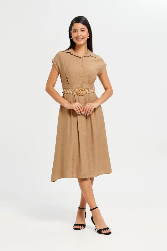 Women Tan Belted Shirt Dress