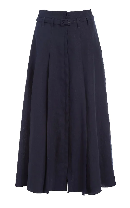 Dugald Pleated Midi Skirt in Navy Aloe Linen