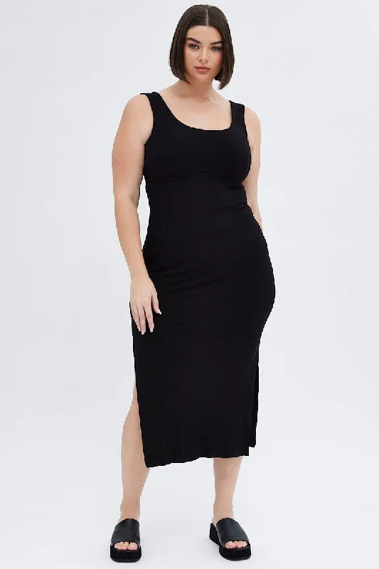 Black Bodycon Dress Rib Jersey Sleeveless Midi