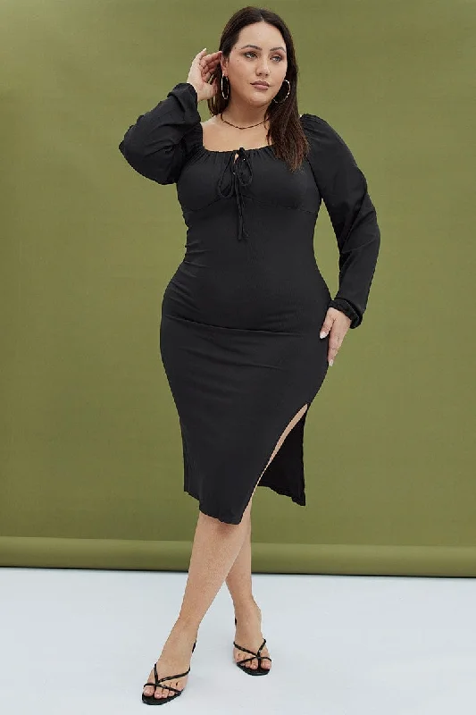 Black Bodycon Dress Rib Jersey Tie Midi Off Shoulder