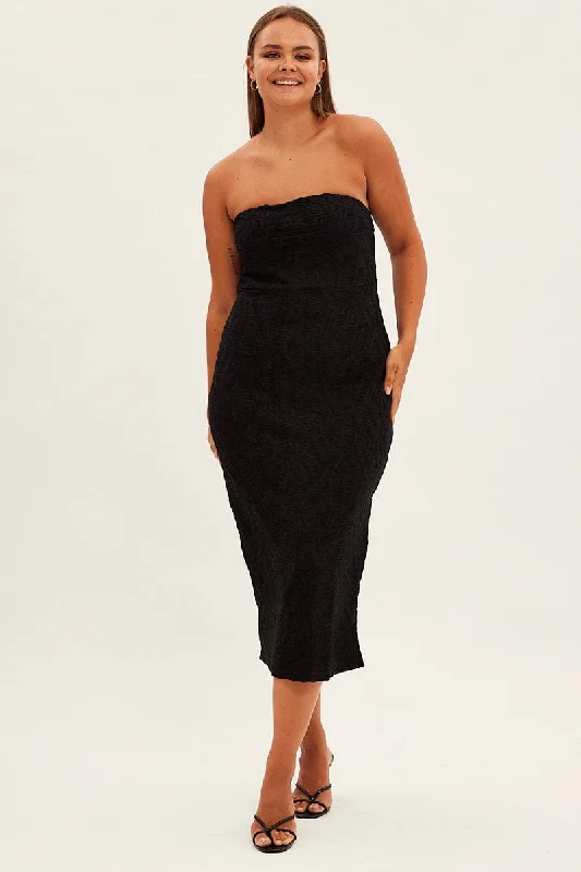 Black Bodycon Dress Strapless Midi Textured