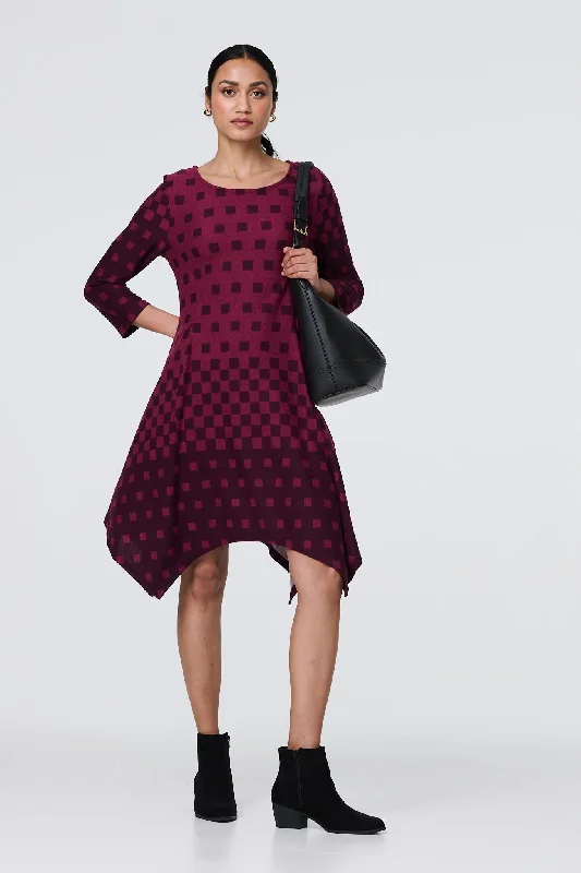 Geo Print Hanky Hem Long Sleeve Midi Dress