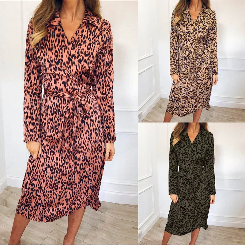 2019 Woman Summer fashion sexy leopard V-Neck Dress long sleeve shirt dresses women plus size dress with belt vestidos