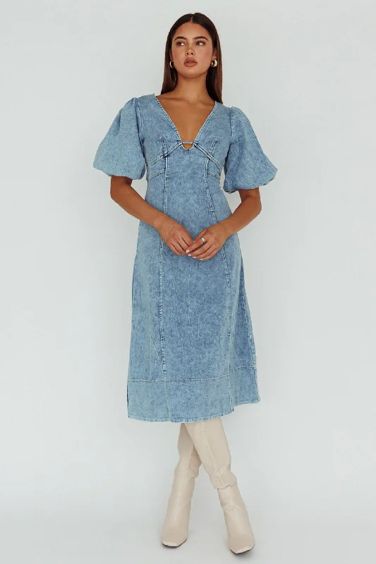 Elias Puff Sleeve Midi Dress Denim