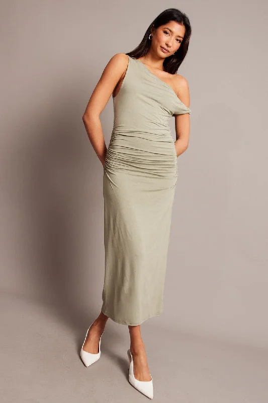 Green Bodycon Dress Twist off Shoulder Supersoft