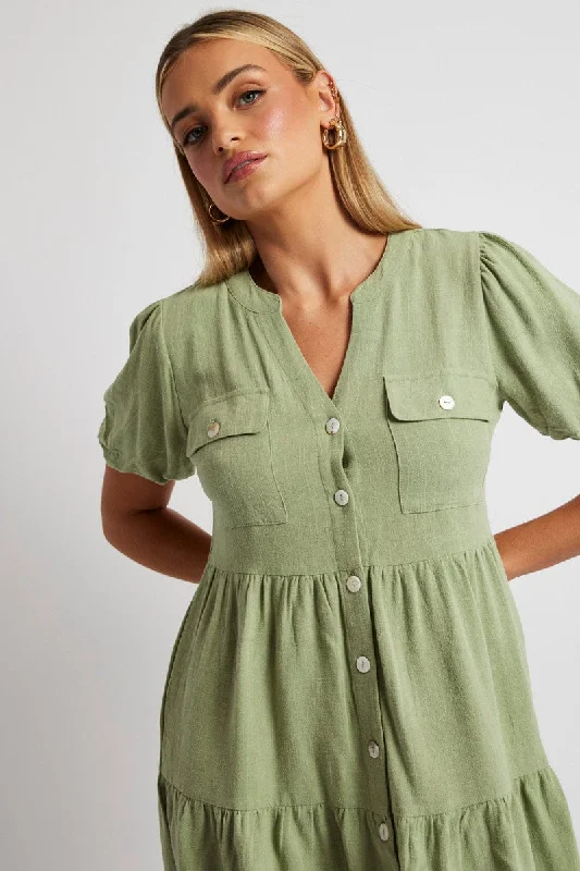 Green Button Through Mini Dress Collar Linen Blend