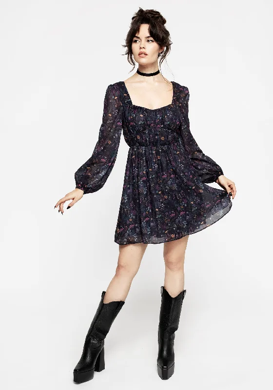 Heliotrope Floral Print Chiffon Mini Dress