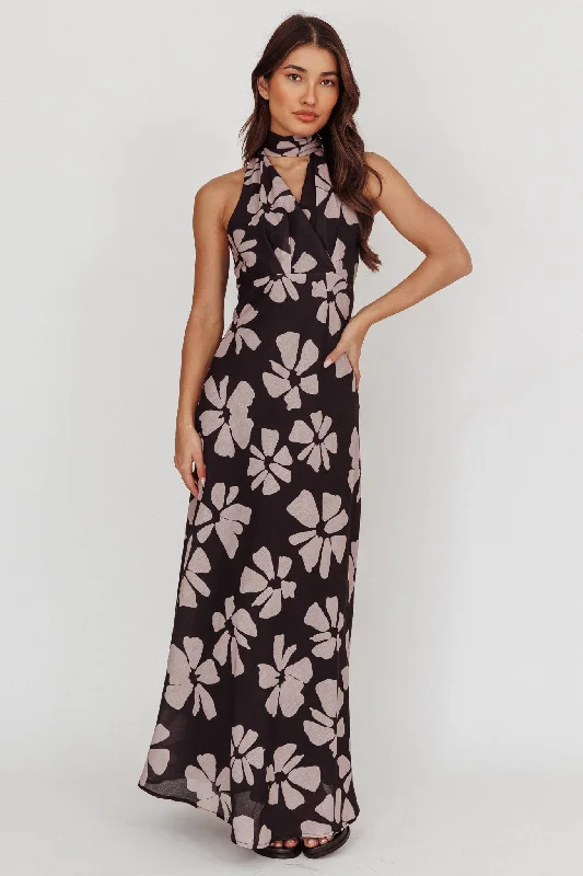 Italia Azure Halterneck Floral Maxi Dress Black