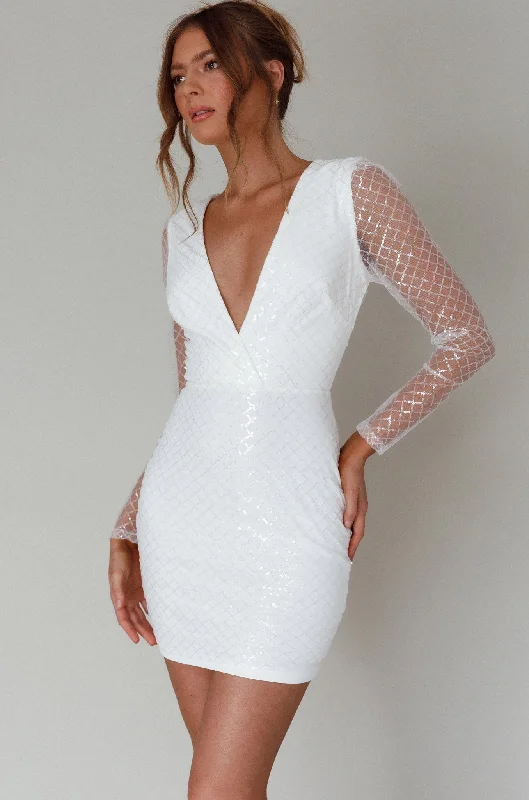 Juno Plunging Neckline Sequin Mini Dress White