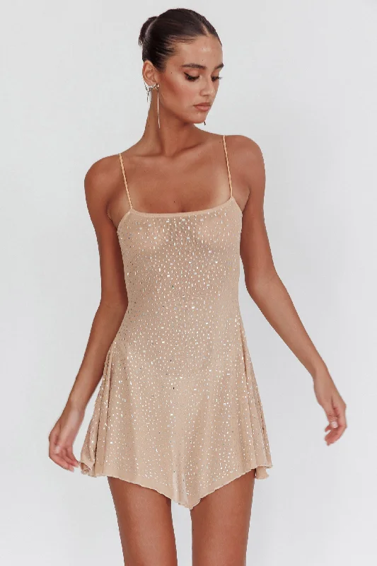 Moon Walker Sheer Rhinestone Mini Dress Nude