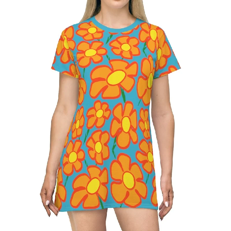 Orangeflower Pattern on Cyan - AOP T-Shirt Dress