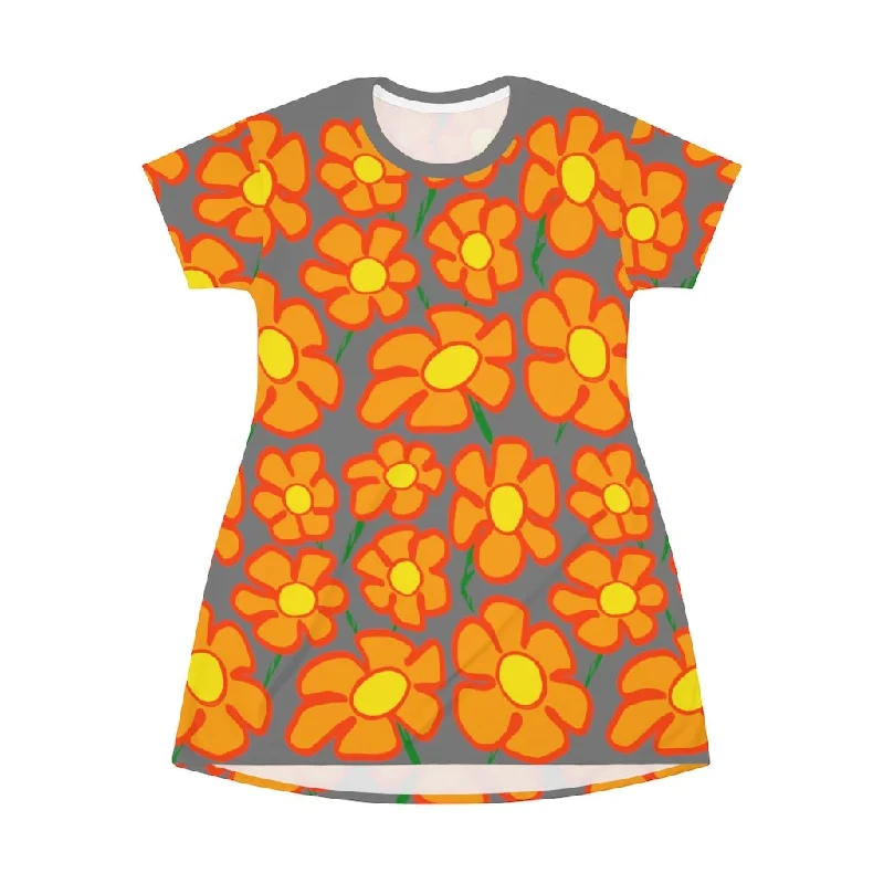 Orangeflower Pattern on Dark Gray - AOP T-Shirt Dress