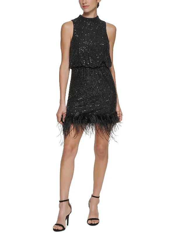 Petites Womens Sequined Mini Cocktail and Party Dress