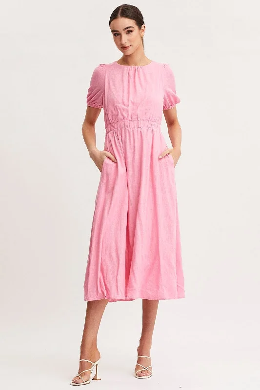 Pink Linen Blend Midi Dress