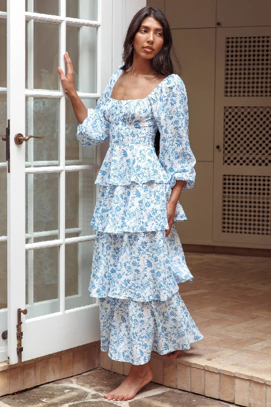 Provence Bloom Long Sleeve Maxi Dress Floral Blue