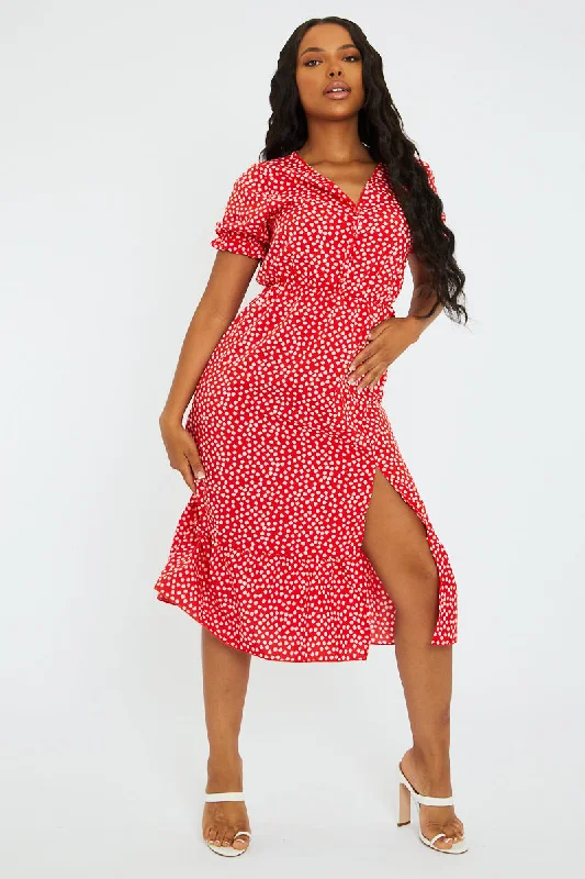 Red Floral Print Front Slit Midi Dress - Avery