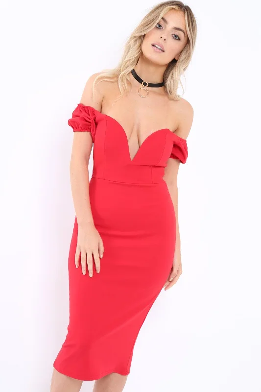 Red Plunge V Bardot Midi Bodycon Dress - Nanda