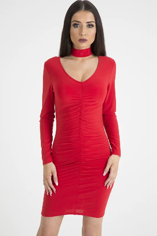 Red Ruched Choker Bodycon Dress - Primrose