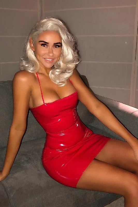 Red Straight Neck Vinyl Bodycon Dress - Keydi