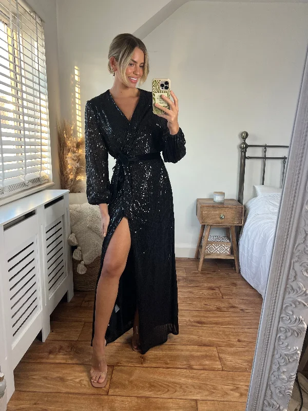 Ria Sequin Wrap Maxi Dress / Black