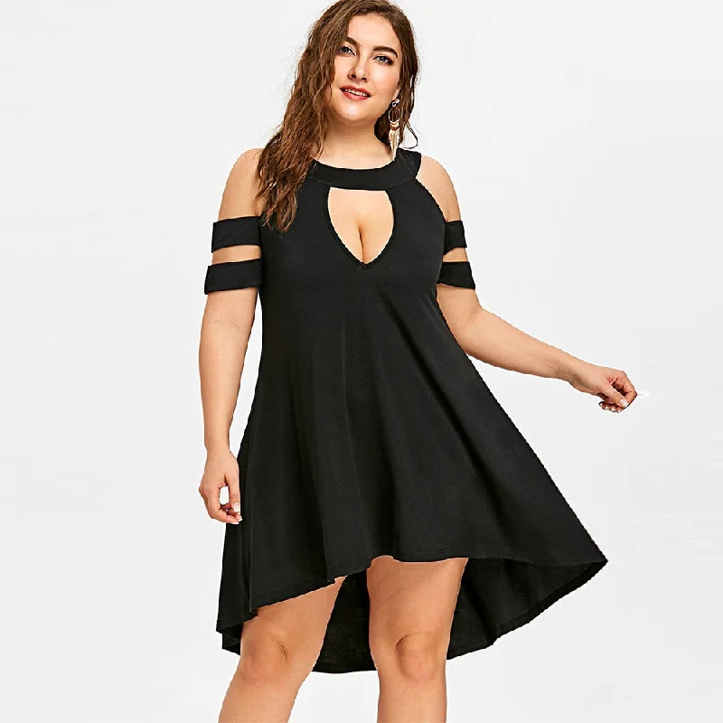 Plus Size Keyhole Neck High Low Hem Dress A-Line Keyhole Neck Black Sexy Club Party Dress Short Sleeves Summer Vestidos