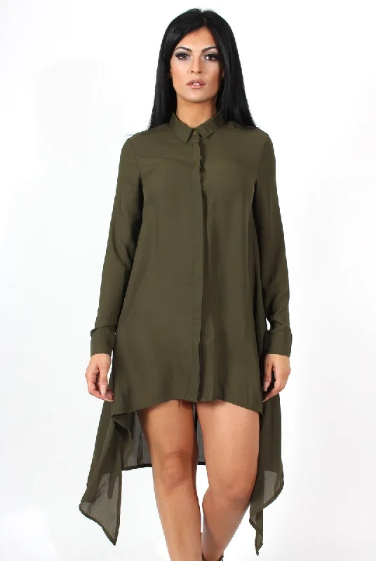 Teri Khaki Dip Hem Shirt Dress