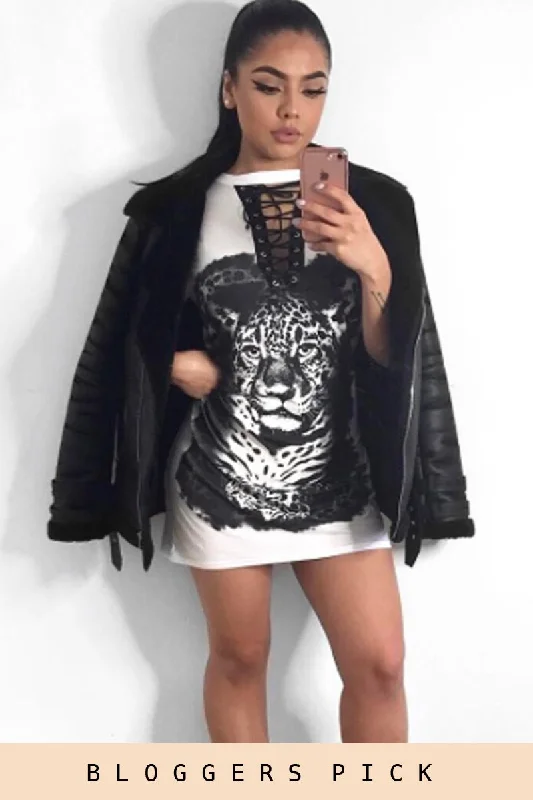 White Lace Up Tiger T-shirt Dress - Mali