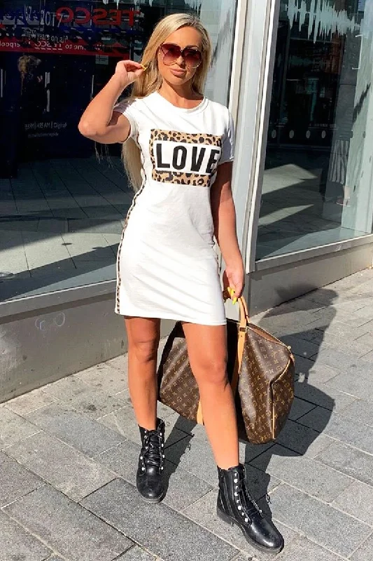 White Love Slogan Leopard Midi T-shirt Dress - Kloie