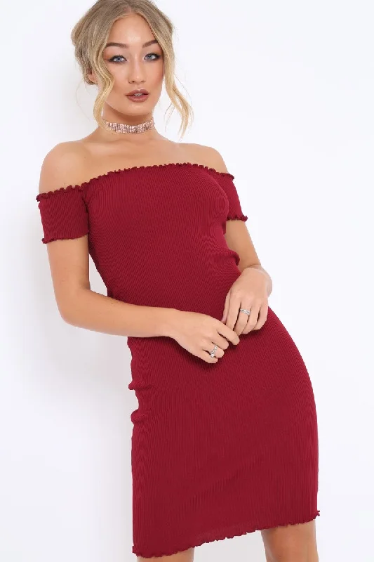 Wine Ribbed Frill Hem Bardot Bodycon Dress - Kamille