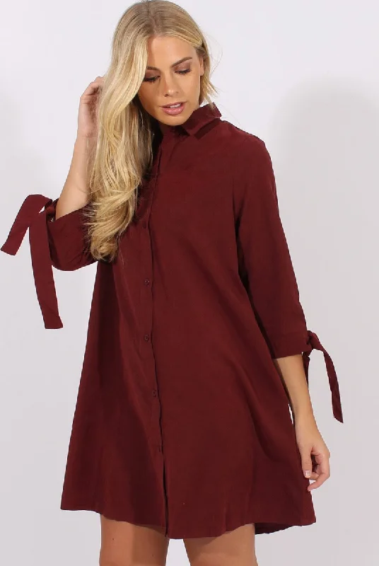 Wine Suede Tie Cuff Oversized Shirt Dress - Deborah