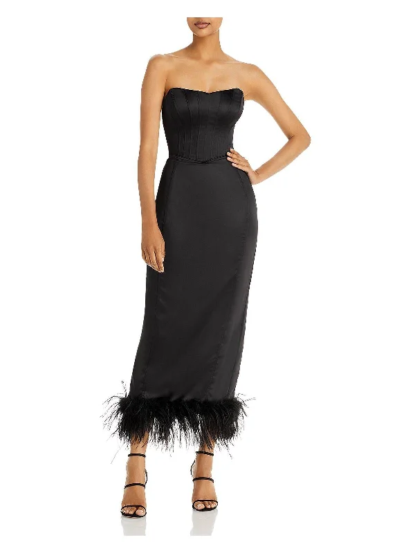 Womens Faux Feather Trim Midi Cocktail and Party Dress