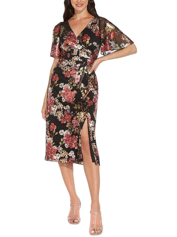 Womens Floral Metallic Cocktail and Party Dress