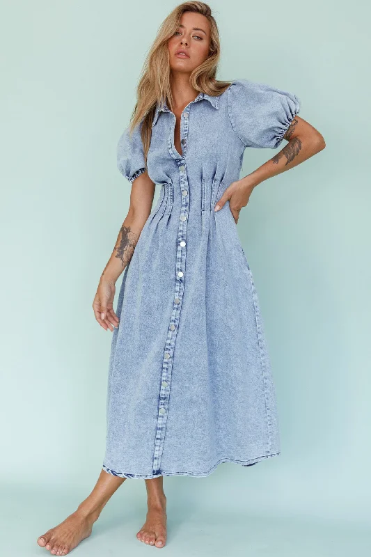 Zurich Pleated Waist Midi Dress Denim Blue