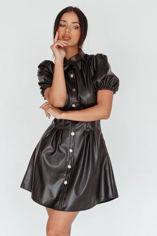 Zurich Pleated Waist Shirt Dress Faux Leather Black