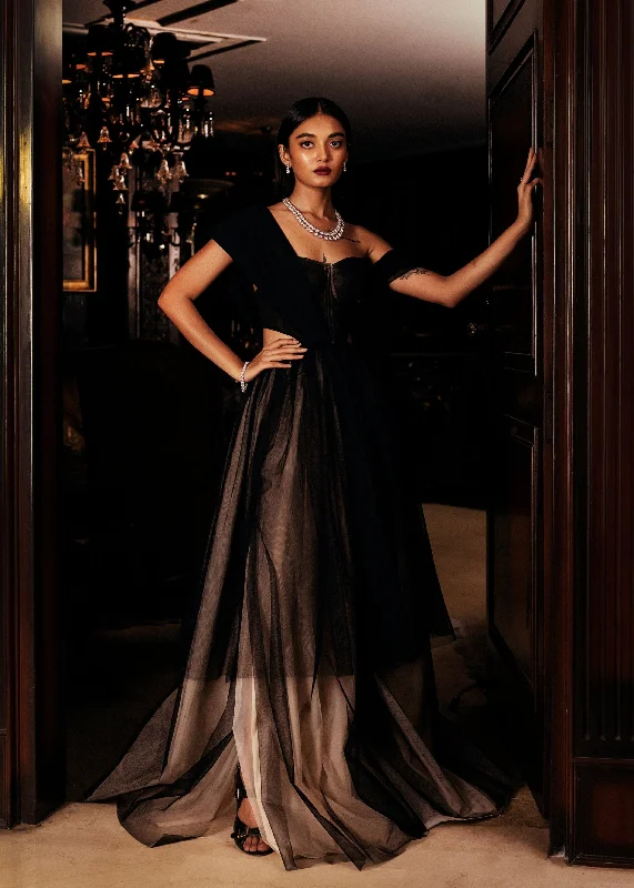 Best stores for prom dress shopping-Anastasia Black and Nude Tulle Corset Gown