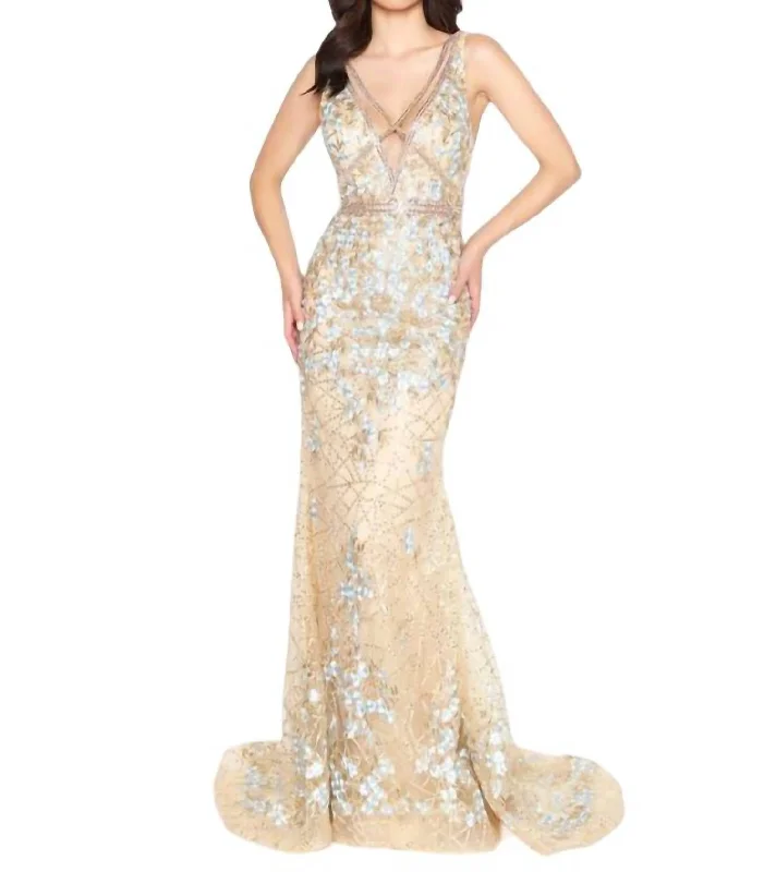 How to wear a statement necklace with a prom dress-Floral Couture Gown In Gold