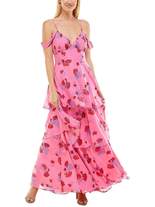 Lace prom dresses for a delicate look-Juniors Womens Floral Tiered Evening Dress