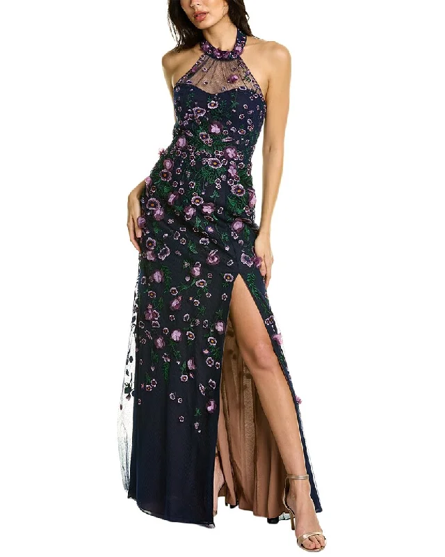 Long sleeve prom dresses for winter-Marchesa Notte Floral Embroidered Gown