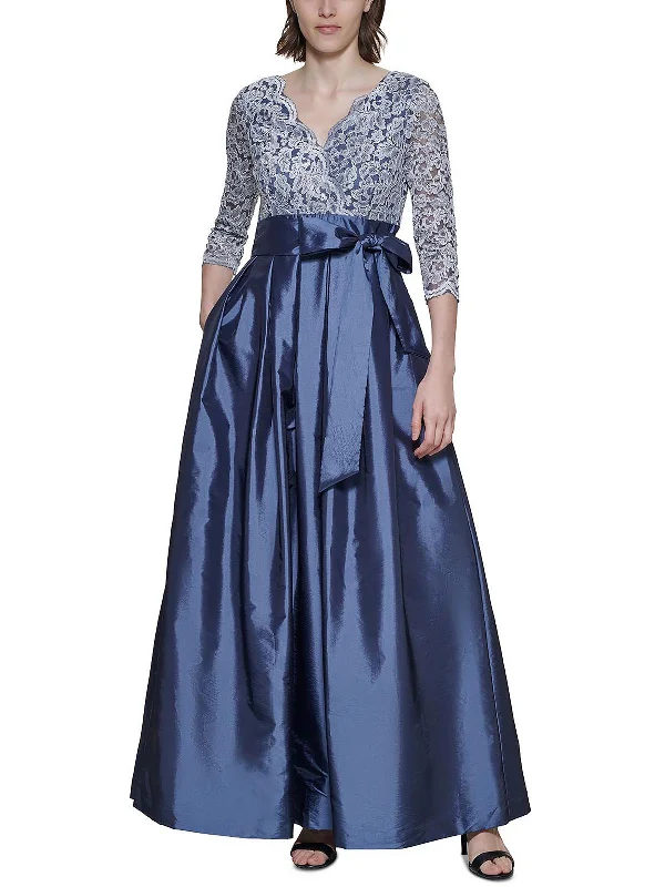 Prom dresses with open back details-Petites Womens Lace Satin Evening Dress